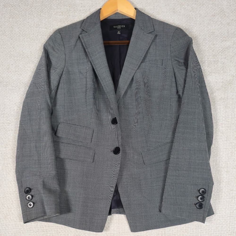 Talbots Petites Womens Gray Windowpane Blazer Jacket Size 2P